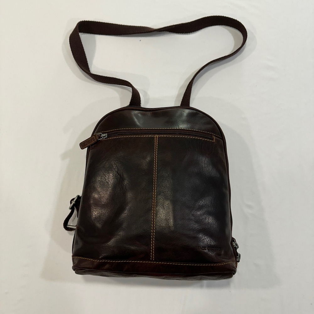Jack Georges Leather Sling Backpack Mens Womens Brown Multi-Pocket Professional